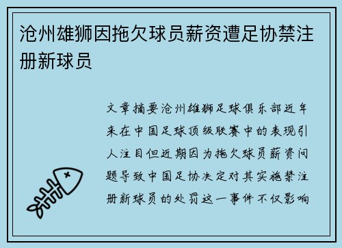 沧州雄狮因拖欠球员薪资遭足协禁注册新球员